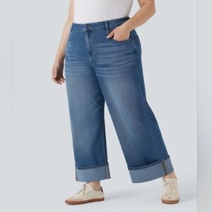 Halara Flex High Waisted Wide Leg Rolled Hem Washed Stretchy Knit Jeans Size XL